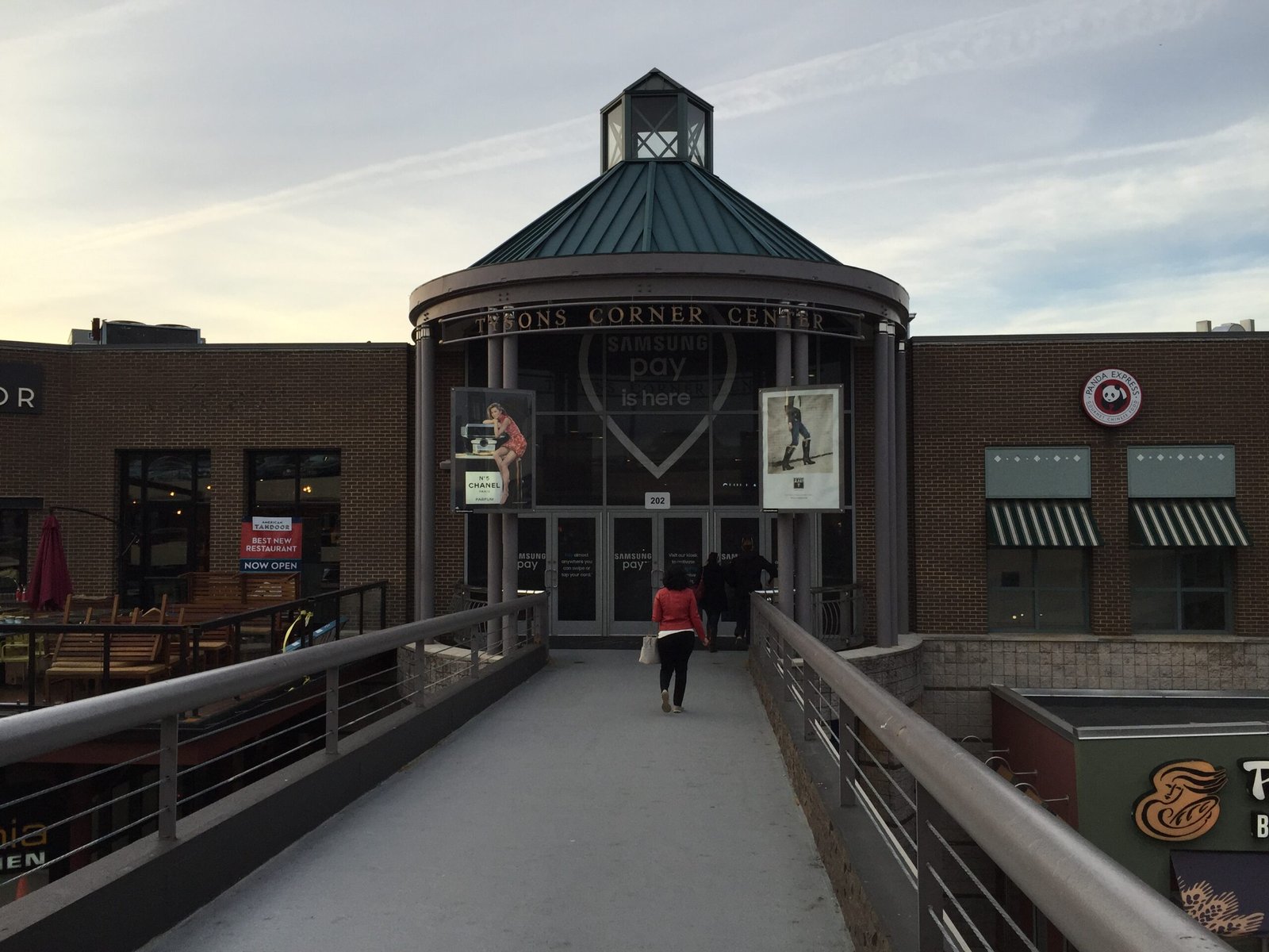 Entrance to Tysons Corner Center, a prime location near various shops and a massage parlor in Tysons Corner.