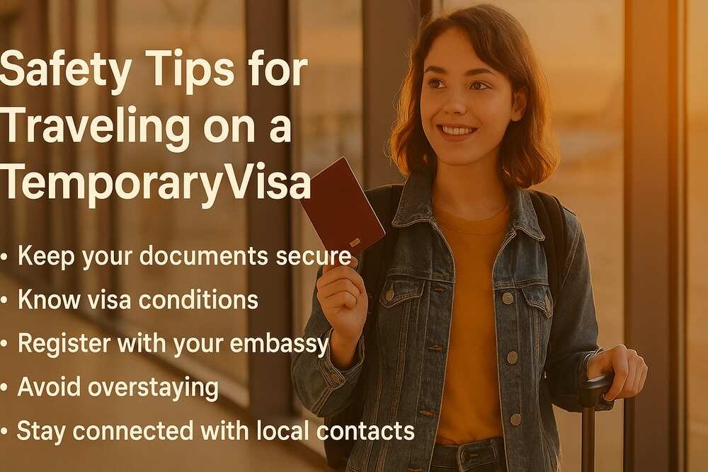 What are some safety tips for traveling on a temporary visa?