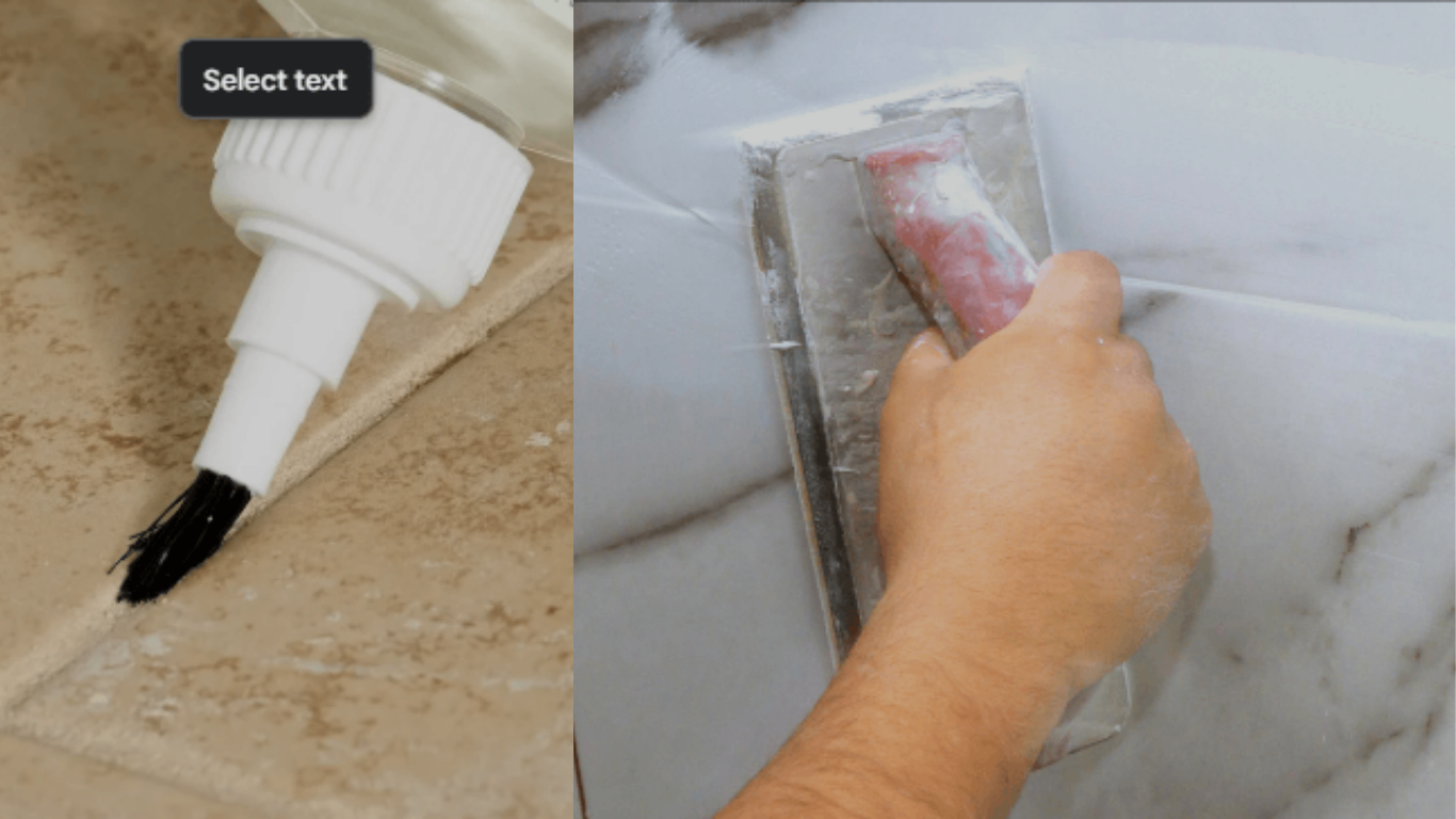 Efflorescence on bathroom floor grout showing white powdery deposits